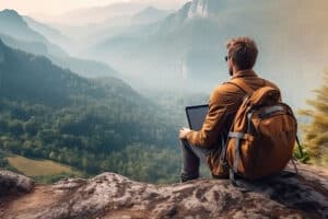 Working online while hiking in the mountains