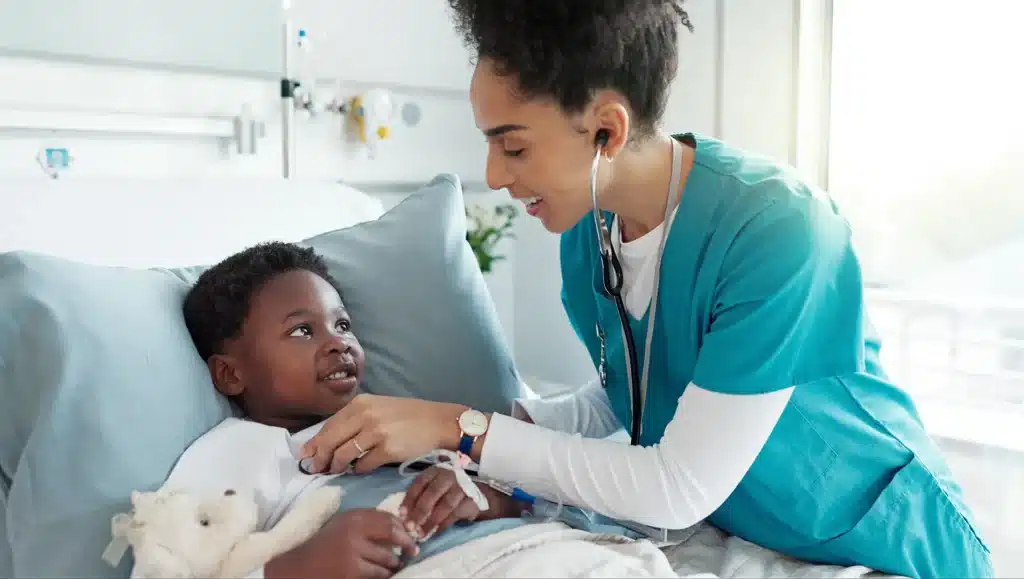 nurse and girl with checkup, kid and healthcare with wellness
